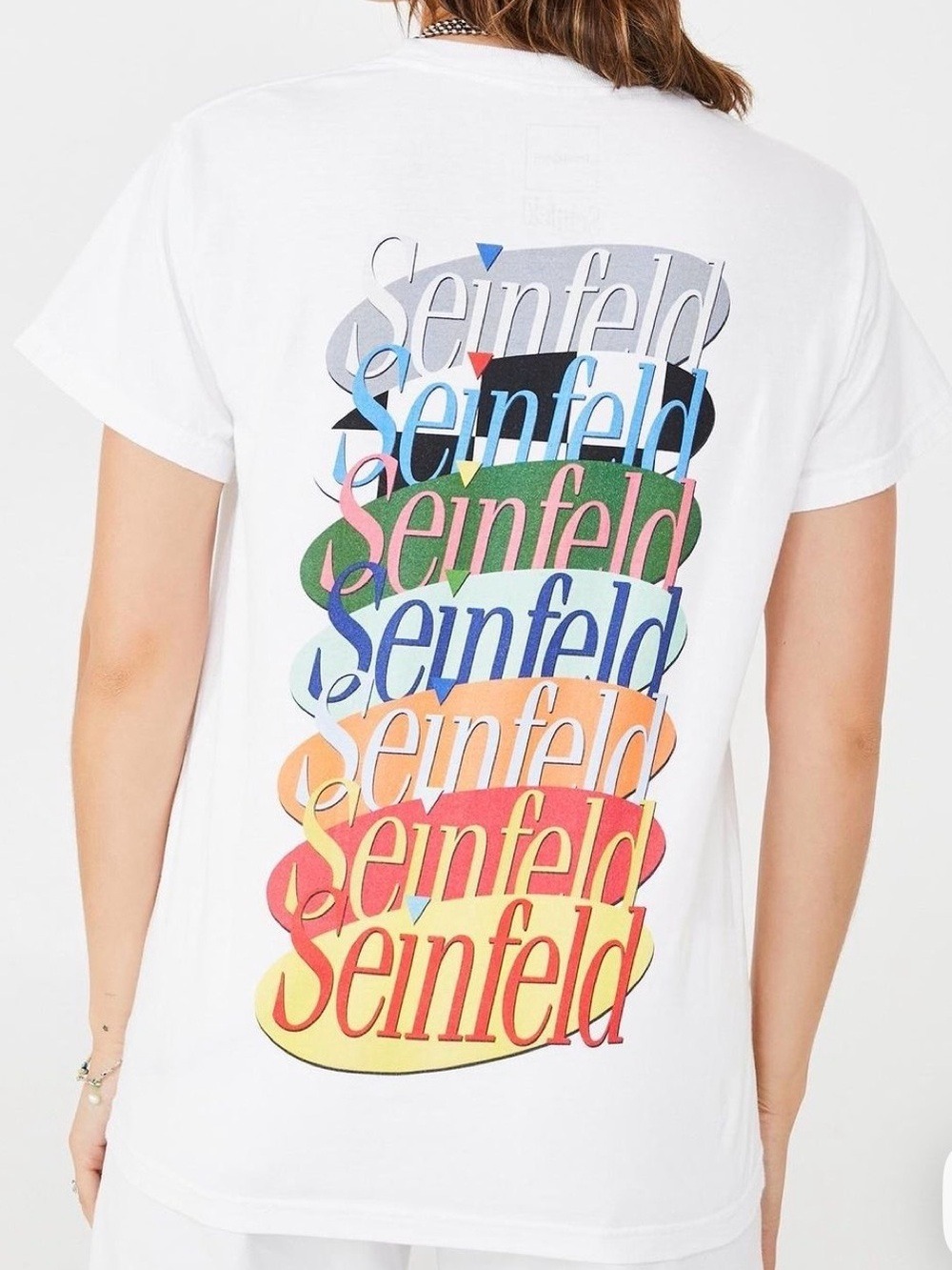 EUC-Dumbgood Graphic Print Seinfeld MultiColor Stacked Logo White Crew T-Shirt L
